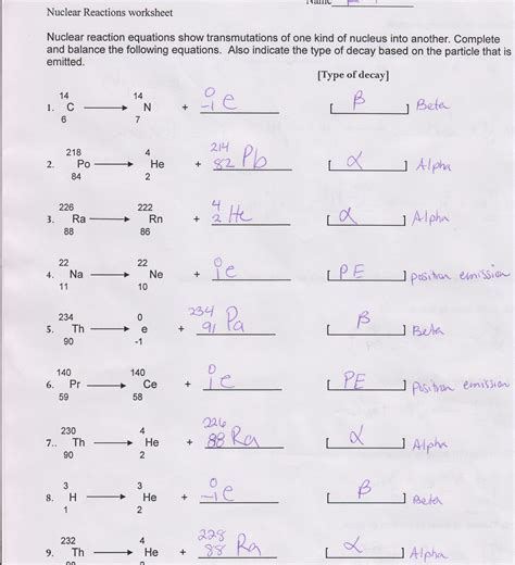 nuclear decay practice worksheet answers